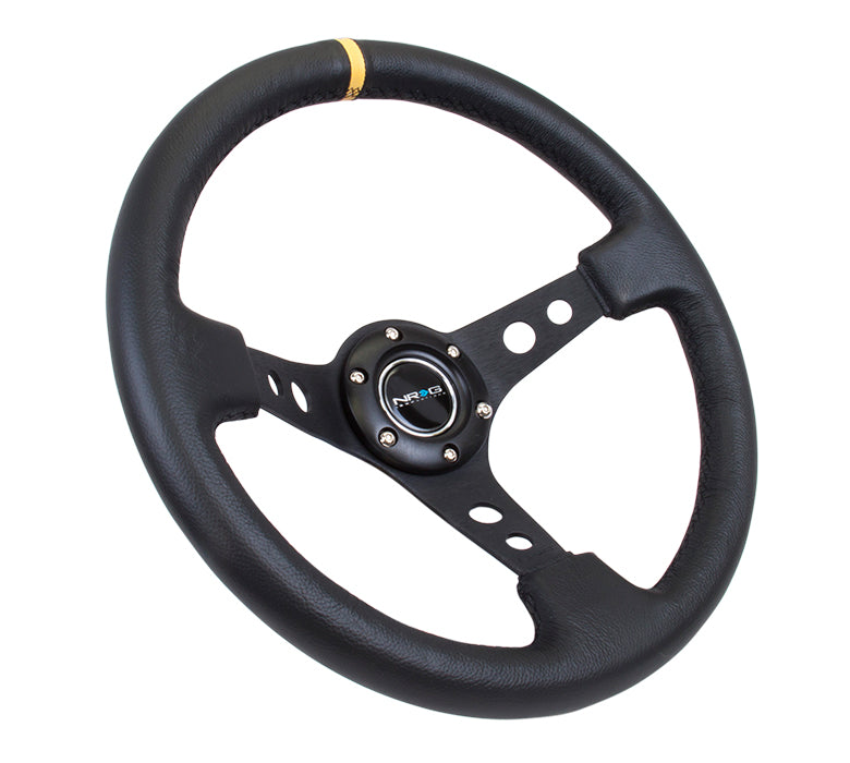 NRG Steering Wheel 350mm (3" Deep) Black Spoke w/ Black Leather / Yellow Stripe