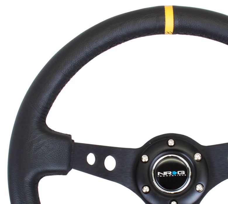 NRG Steering Wheel 350mm (3" Deep) Black Spoke w/ Black Leather / Yellow Stripe