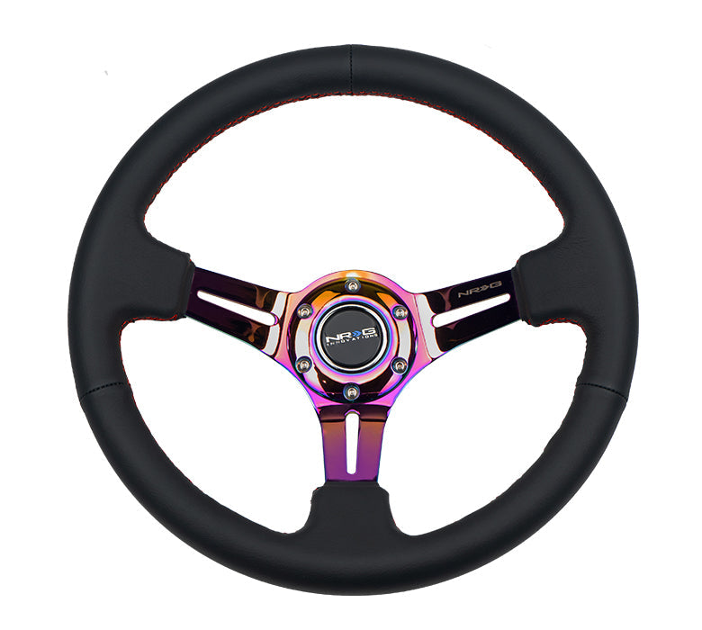 NRG Steering Wheel 350mm Leather (3" Deep) Red Stitch with slits in Neochrome