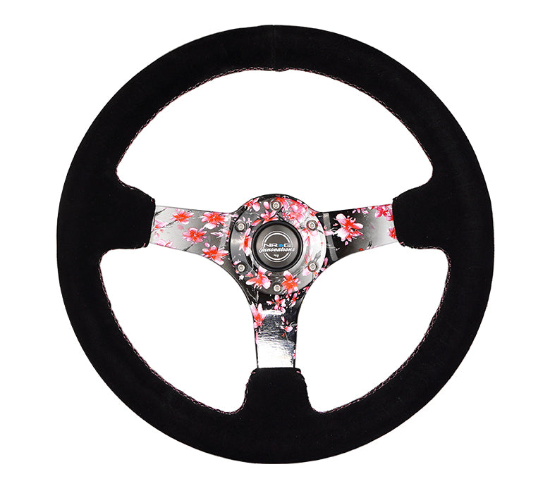 NRG Steering Wheel 350mm (3" Deep) Hydro Dipped Sakura Floral Pink Suede w/ Black baseball stitching