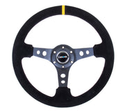 NRG Steering Wheel 350mm (3" Deep) Suede Black Stitch w/ Yellow Center Mark