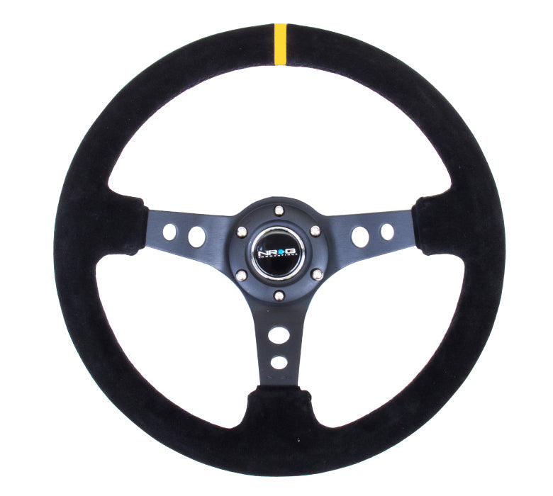 NRG Steering Wheel 350mm (3" Deep) Suede Black Stitch w/ Yellow Center Mark