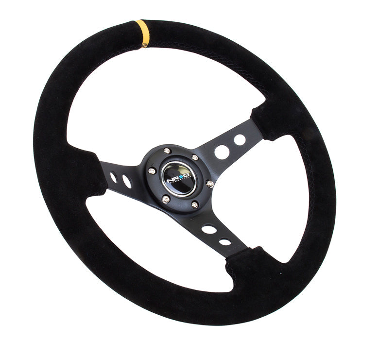 NRG Steering Wheel 350mm (3" Deep) Suede Black Stitch w/ Yellow Center Mark