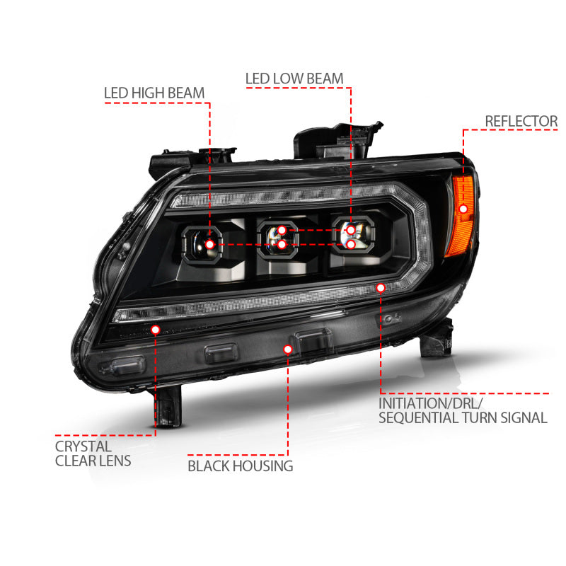 ANZO 15-22 Chevy Colorado Phares de projecteur Full LED DRL à boîtier noir avec barre lumineuse séquentielle