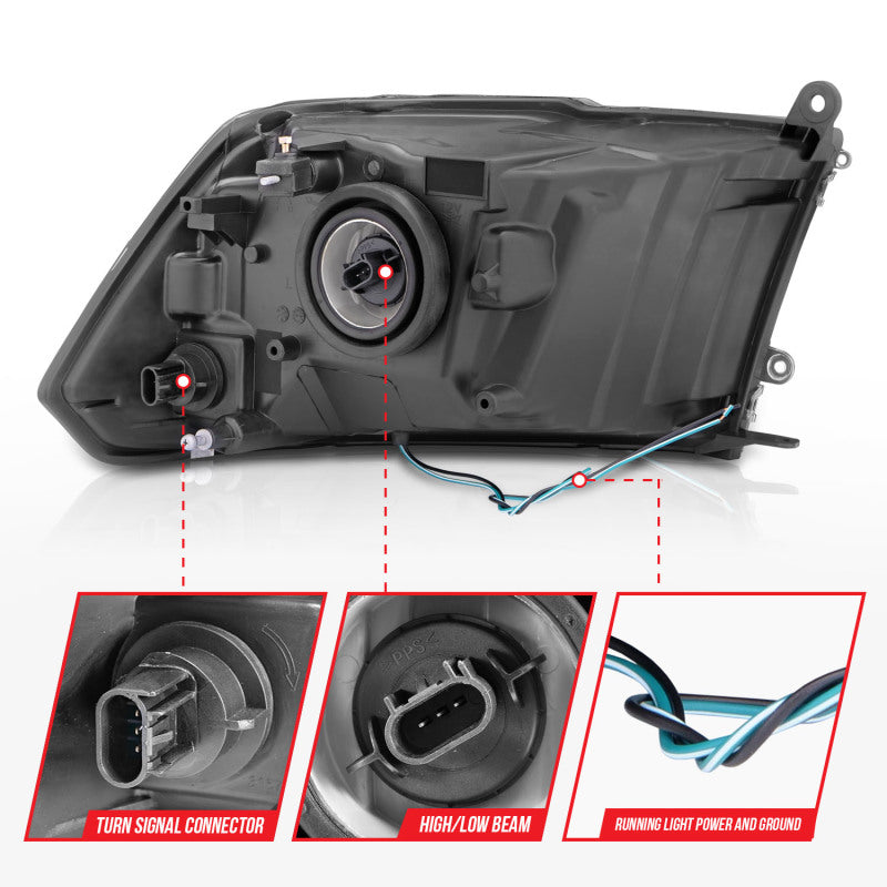 ANZO 2009-2018 Dodge Ram 1500 Phares en cristal avec barre lumineuse Boîtier noir