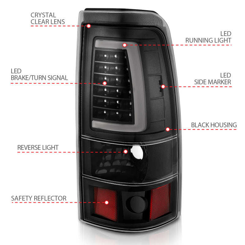 ANZO 1999-2002 Chevy Silverado 1500 Feux arrière LED style planche Noir avec lentille transparente
