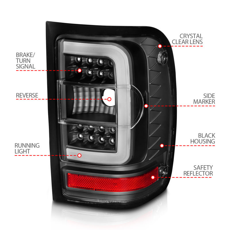 ANZO 2001-2011 Ford Ranger Feux arrière LED avec barre lumineuse Boîtier noir Lentille transparente