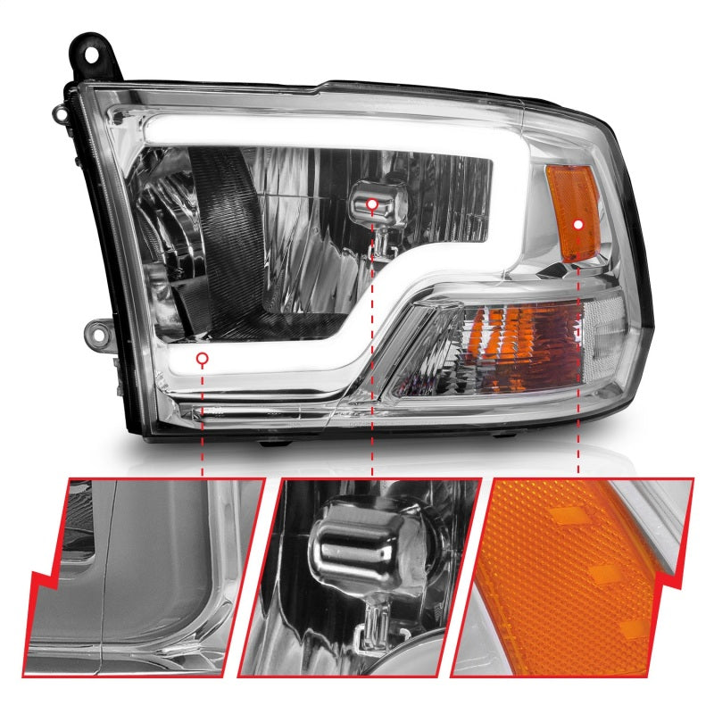 ANZO 2009-2018 Dodge Ram 1500/ 2500/ 3500 Phares en cristal avec boîtier chromé pour barre lumineuse