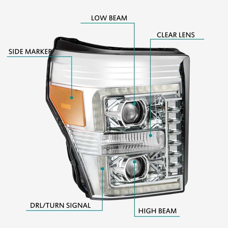 AlphaRex 11-16 Ford F-250 SD PRO-Series Phares de projecteur Style planche Chrome avec signal Seq
