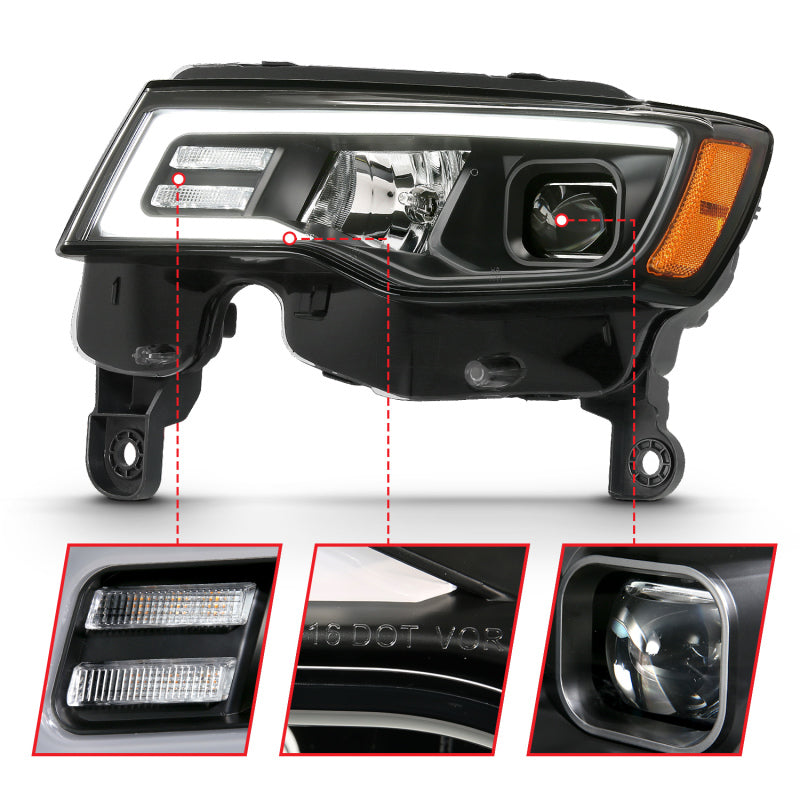 Phares de projecteur ANZO 2017-2018 Jeep Grand Cherokee avec commutateur de style planche - Noir avec ambre