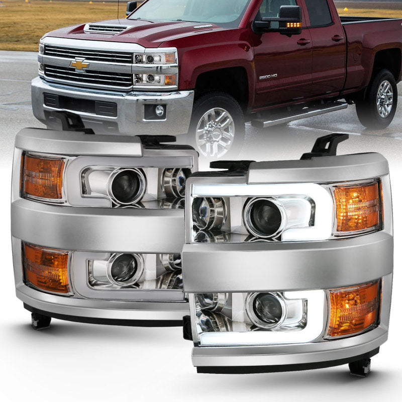Phares de projecteur Chevrolet Silverado ANZO 2015-2016 avec design de style planche chromé avec ambre