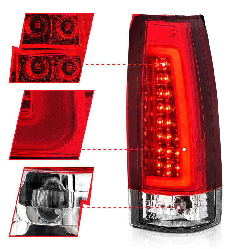 ANZO 1999-2000 Cadillac Escalade Feux arrière LED Boîtier chromé Rouge/paire de lentilles transparentes
