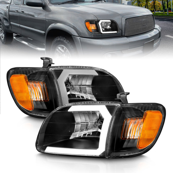 ANZO 00-04 Toyota Tundra (convient uniquement à la cabine Reg/Acc) Phares en cristal avec barre lumineuse Noir avec éclairage d'angle