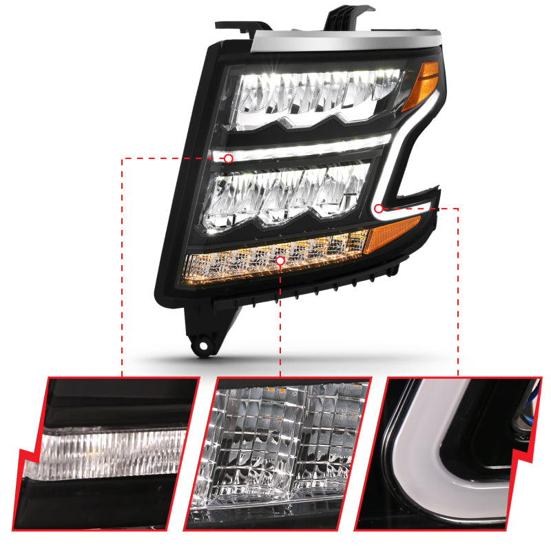 ANZO 15-20 Chevy Tahoe/Suburban Phares de style barre lumineuse à LED Noir avec séquentiel avec DRL avec ambre