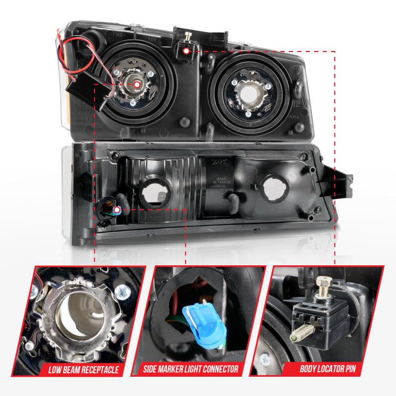 ANZO 2003-2006 Chevrolet Silverado 1500 Phares en cristal avec boîtier noir pour barre lumineuse