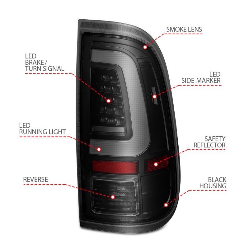 ANZO 2008-2016 Ford F-250 Queue LED avec barre lumineuse Boîtier noir Lentille fumée