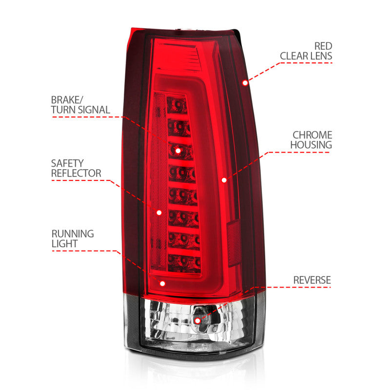 ANZO 1999-2000 Cadillac Escalade Feux arrière LED Boîtier chromé Rouge/paire de lentilles transparentes
