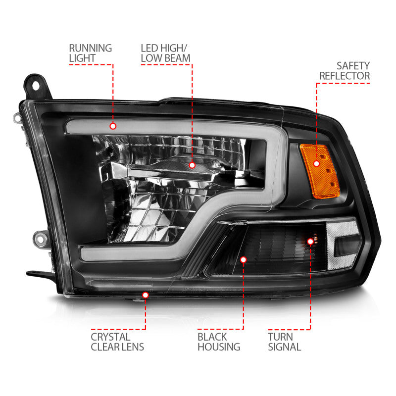 ANZO 2009-2020 Dodge Ram 1500 Phares de projecteur carrés à LED avec boîtier chromé Noir Ambre