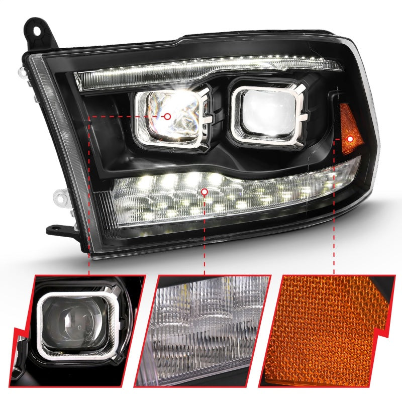 ANZO 2009-2018 Dodge Ram 1500 Projecteur LED Style planche Switchback HL Halo Noir Ambre (Style OE)
