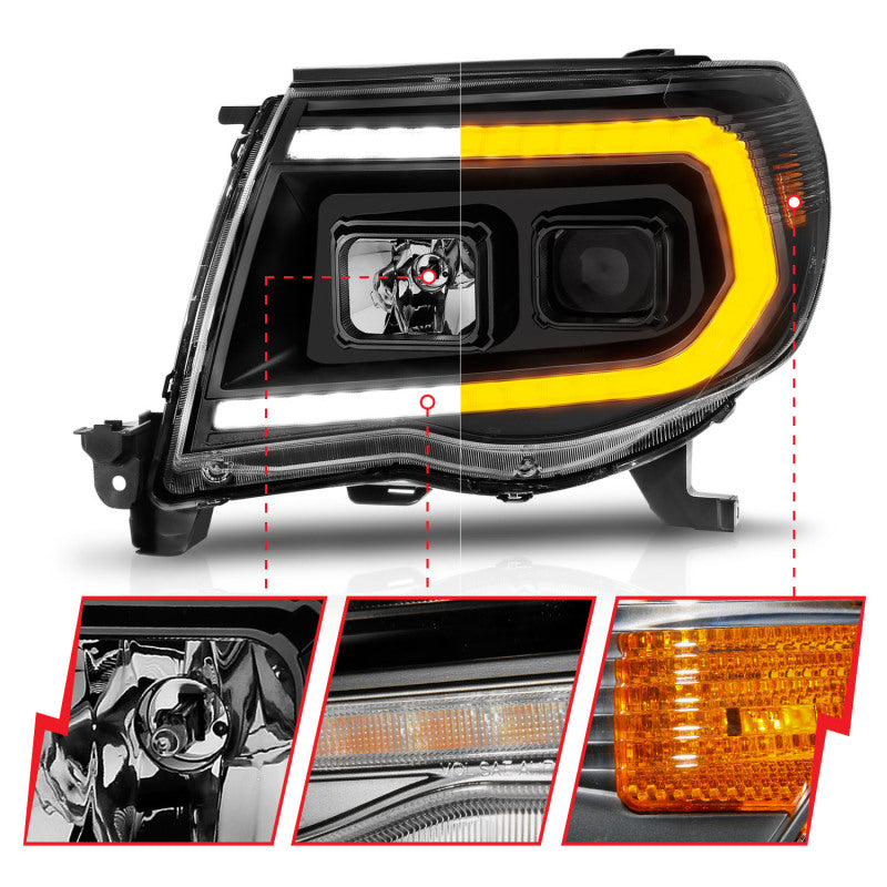 ANZO 05-11 Phares de projecteur Toyota Tacoma avec boîtier noir Switchback de barre lumineuse