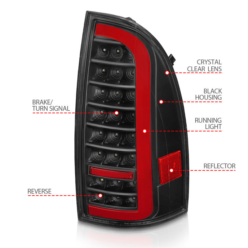 ANZO 05-15 Toyota Tacoma Feux arrière LED complets avec barre lumineuse séquentielle boîtier noir lentille transparente