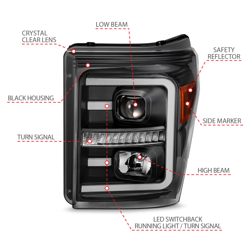 ANZO 2011-2016 Ford F250 Phares de projecteur avec style planche Switchback Noir avec ambre