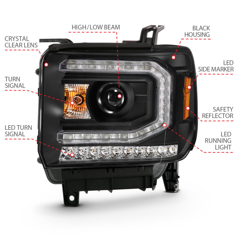 ANZO 2016-2019 Gmc Sierra 1500 Phare de projecteur style planche Noir avec signal ambre séquentiel