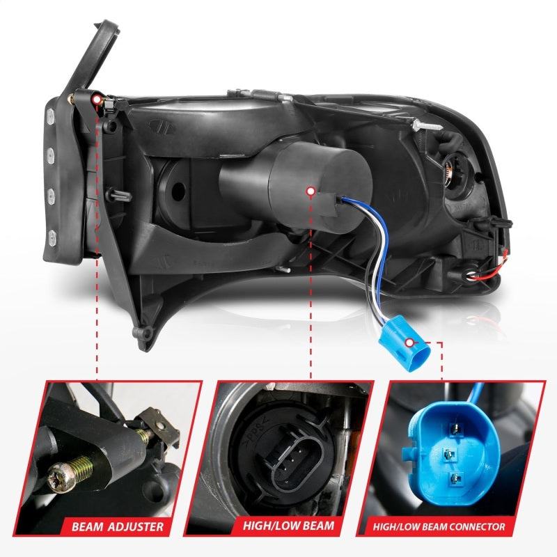 ANZO 94-02 Phare en cristal Dodge RAM avec boîtier noir pour barre lumineuse