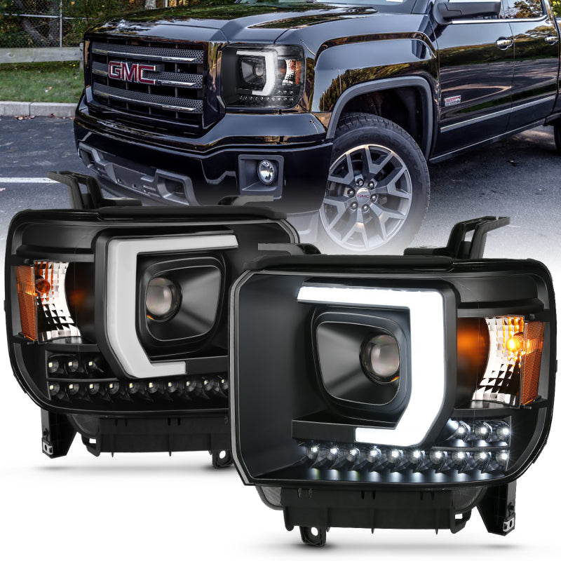 ANZO 2014-2015 Gmc Sierra 1500HD Phare de style planche de projecteur Noir avec Drl