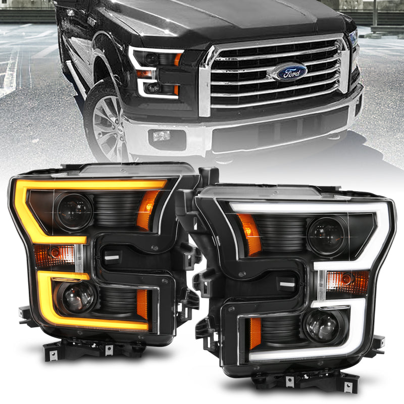 Phares de projecteur ANZO 2015-2017 Ford F-150 avec commutateur de style planche noir avec ambre