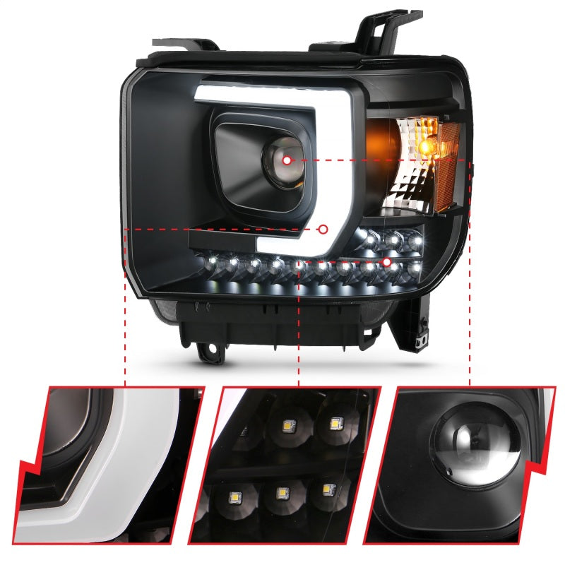 ANZO 2014-2015 Gmc Sierra 1500HD Phare de style planche de projecteur Noir avec Drl