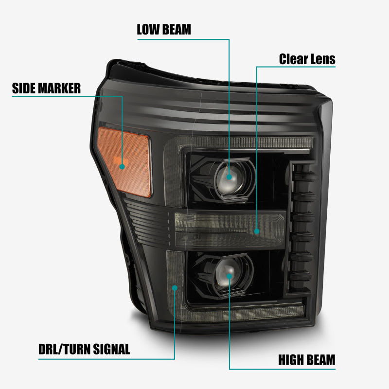 AlphaRex 11-16 Ford F-350 SD LUXX LED Proj Phares style planche Alpha Blk avec lumière active/signal Seq