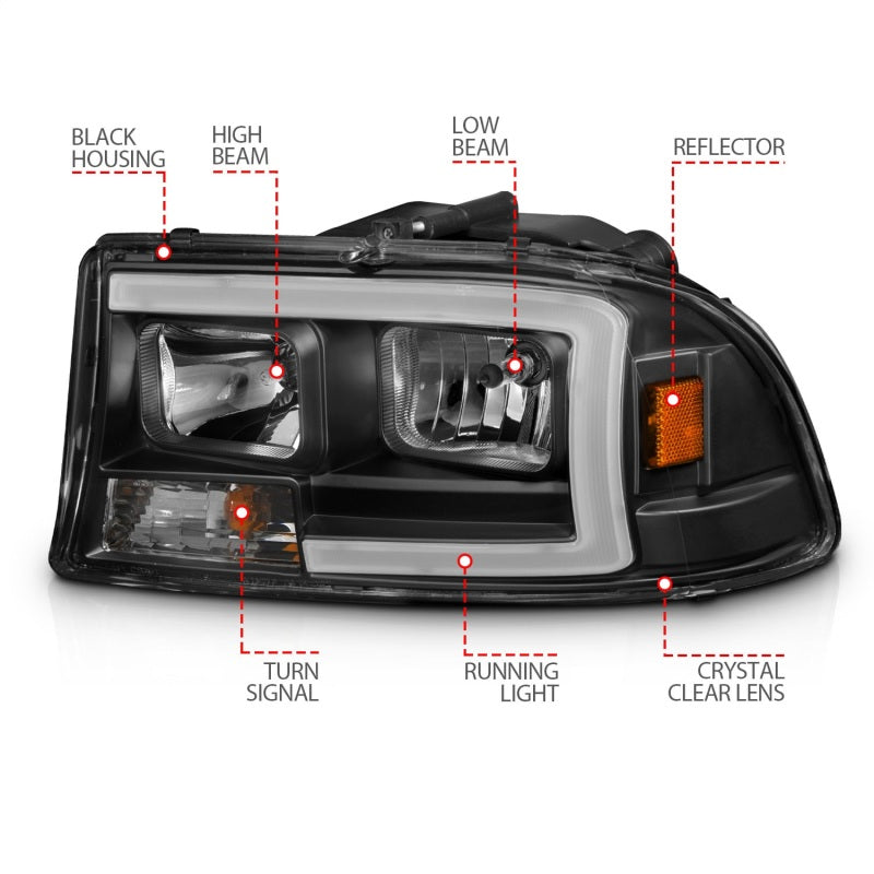 ANZO 97-04 Ensemble de phares Dodge Dakota/Durango Crystal avec barre lumineuse boîtier noir