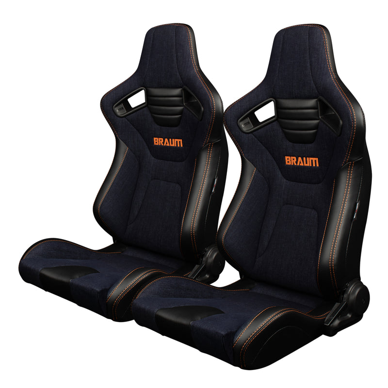 Elite-X Series Sport Seats - Black PU / Navy Denim / Orange Stitching