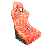 NRG FRP Bucket Seat PRISMA- ULTRA SLICE Edition with gold pearlized back. Pizza Microfiber print finish in vegan material plus phone pockets. (Large)