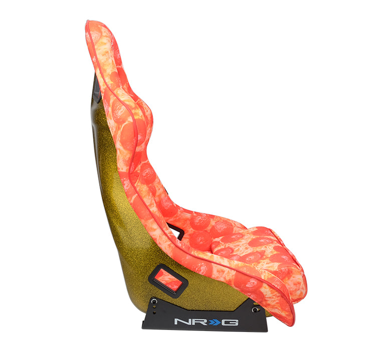 NRG FRP Bucket Seat PRISMA- ULTRA SLICE Edition with gold pearlized back. Pizza Microfiber print finish in vegan material plus phone pockets. (Large)