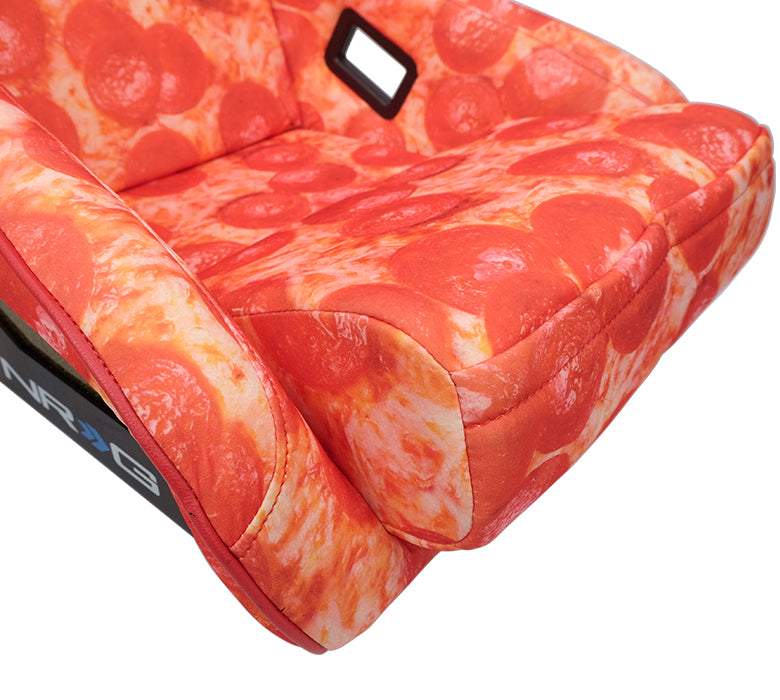 NRG FRP Bucket Seat PRISMA- ULTRA SLICE Edition with gold pearlized back. Pizza Microfiber print finish in vegan material plus phone pockets. (Large)