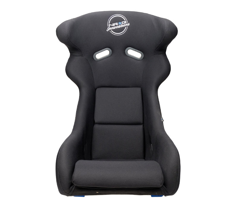 NRG FRP Sim Racing Bucket Seat - Black w/White back and Blue Side Mount Bracket