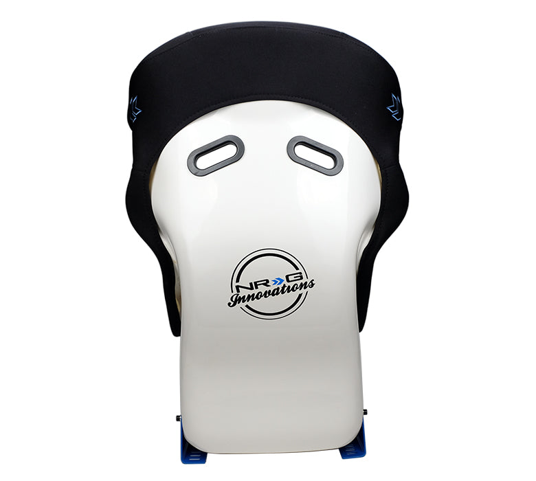 NRG FRP Sim Racing Bucket Seat - Black w/White back and Blue Side Mount Bracket