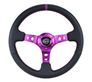 NRG NRG 350mm Sport Steering Wheel Black Leather/Purple Spoke w/Round holes/Purple Stitch, 3" Dish