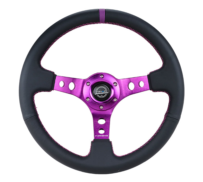 NRG NRG 350mm Sport Steering Wheel Black Leather/Purple Spoke w/Round holes/Purple Stitch, 3" Dish