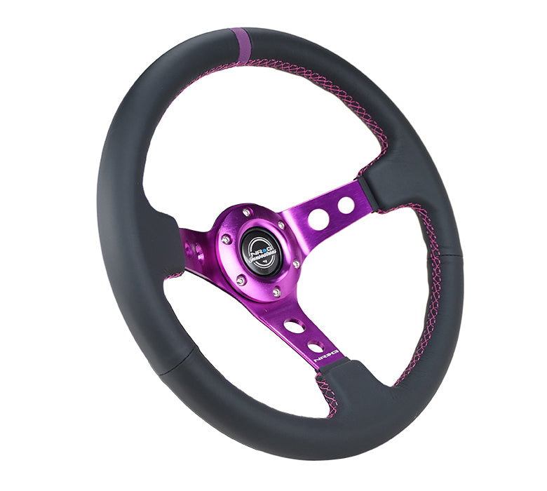 NRG NRG Volant sport 350 mm en cuir noir/rayons violets avec trous ronds/point violet, plat 3"