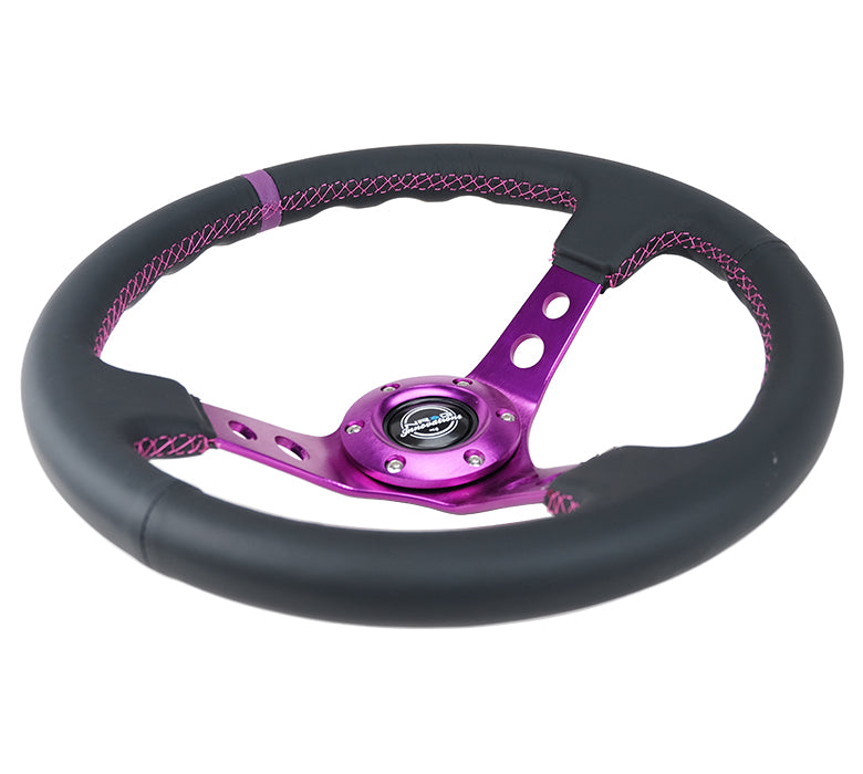 NRG NRG 350mm Sport Steering Wheel Black Leather/Purple Spoke w/Round holes/Purple Stitch, 3" Dish
