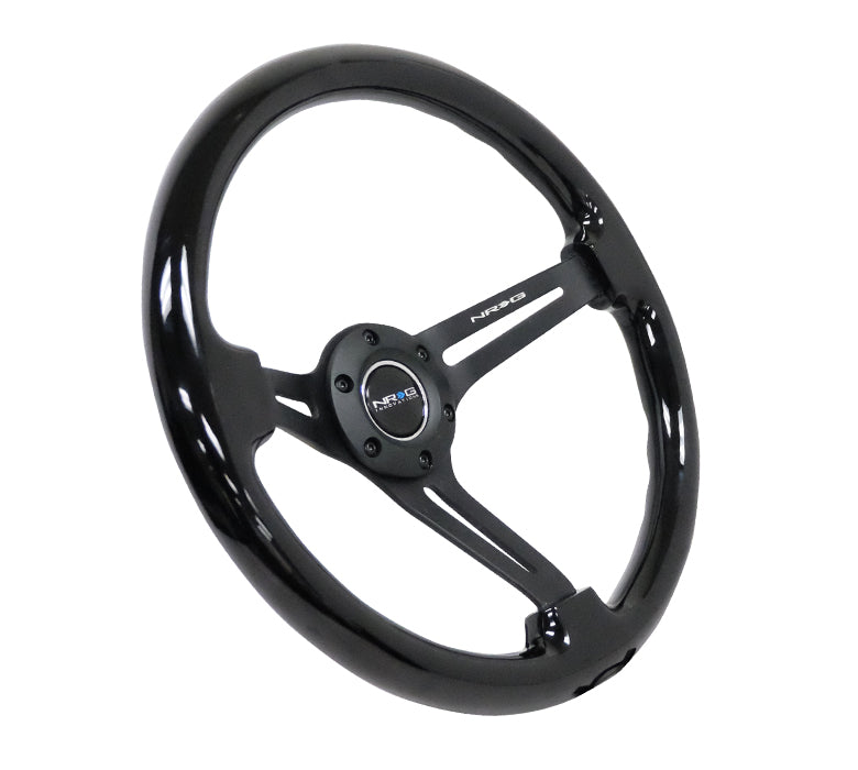 NRG Reinforced Classic Wood Grain Wheel, 350mm, 3 spoke Slotted Center Black with Black Painted Wood