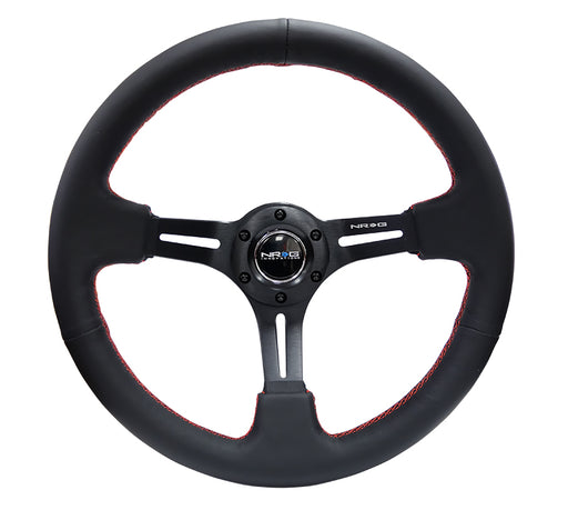 NRG NRG 350mm Steering Wheel Premium Black Leather/Black Spoke w/Red Stitch, 3" Dish