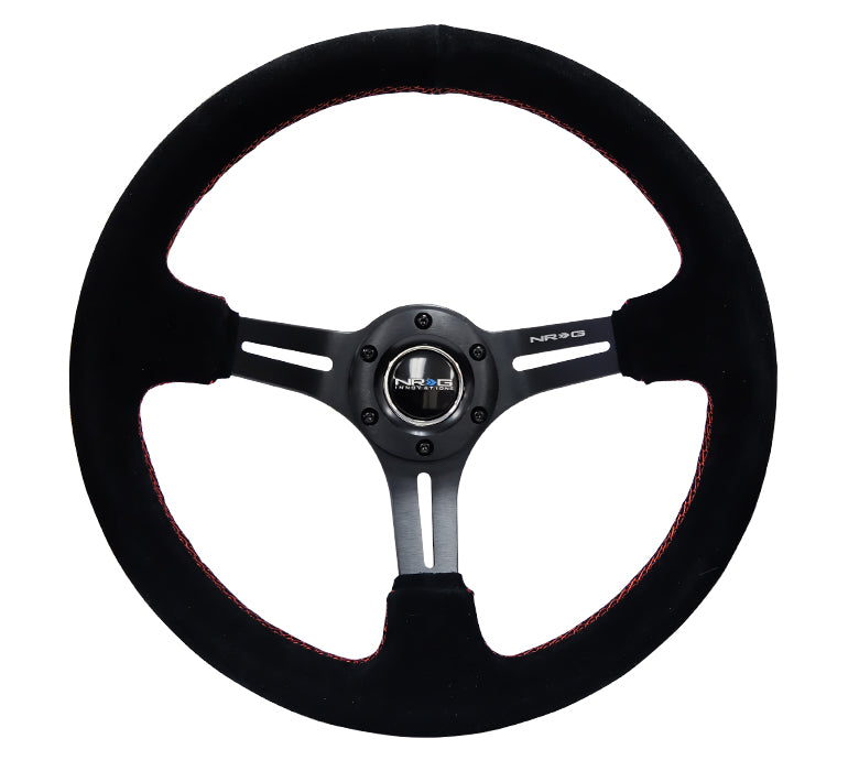NRG NRG 350mm Steering Wheel Premium Black Suede/Black Spoke w/Red Stitch, 3" Dish