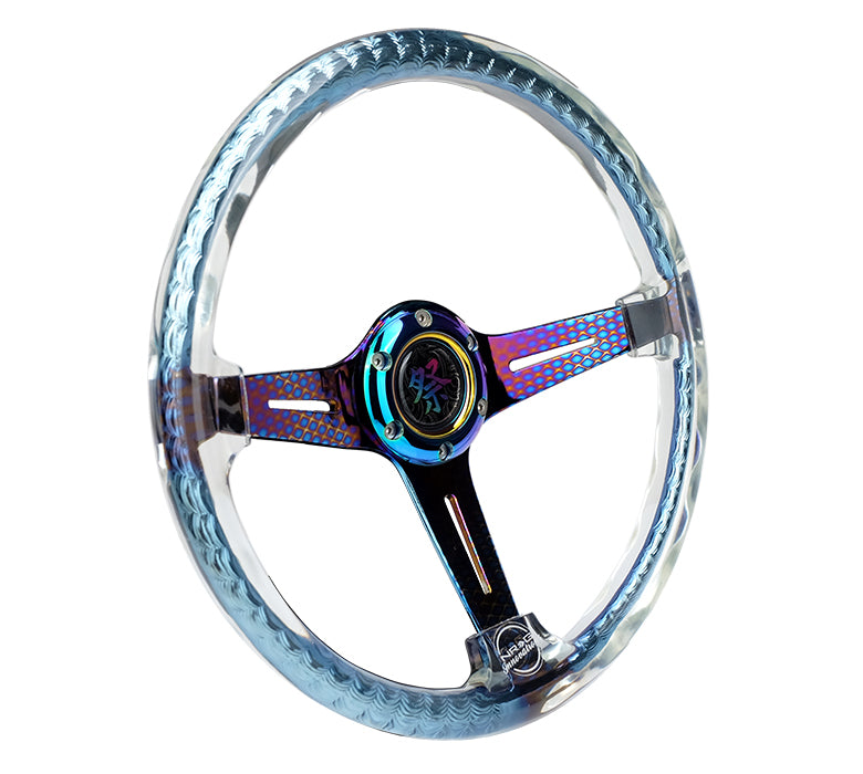 NRG NRG Matsuri Steering Wheel, Clear Acrylic w/Twisted Geometric Neochrome Spoke (350mm / 2" Dish)