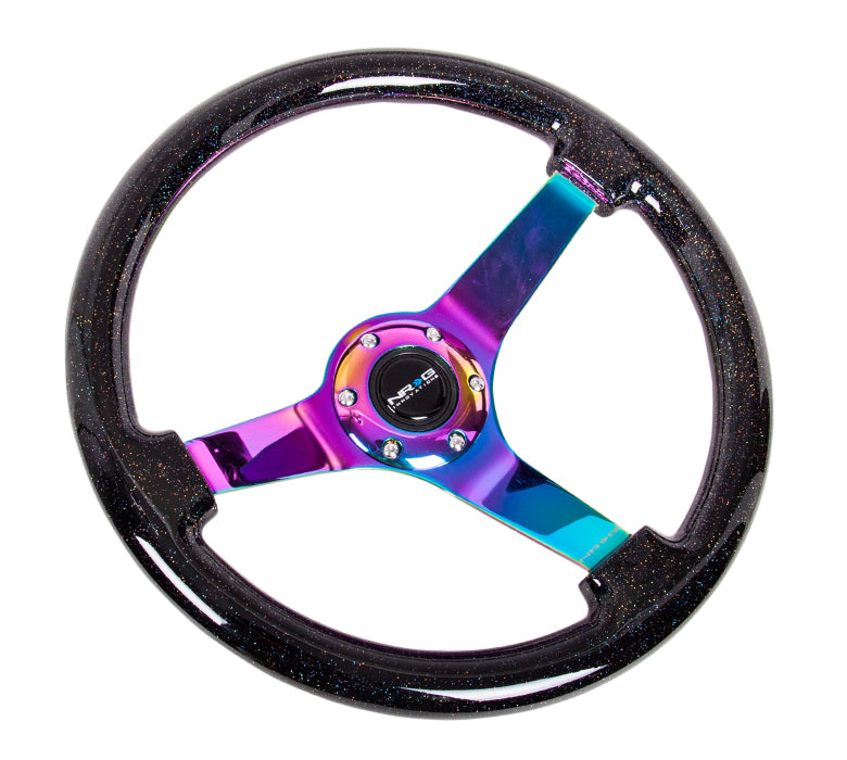 NRG NRG 350mm Classic Black Sparkled Wood Steering Wheel w/Neochrome 3 Spoke Center, 3" Dish