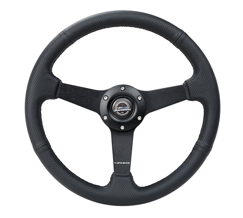 NRG 350mm sport steering wheel (1.5 in deep) black Perforated Leather with Black stitching - Matte Black Solid Spokes