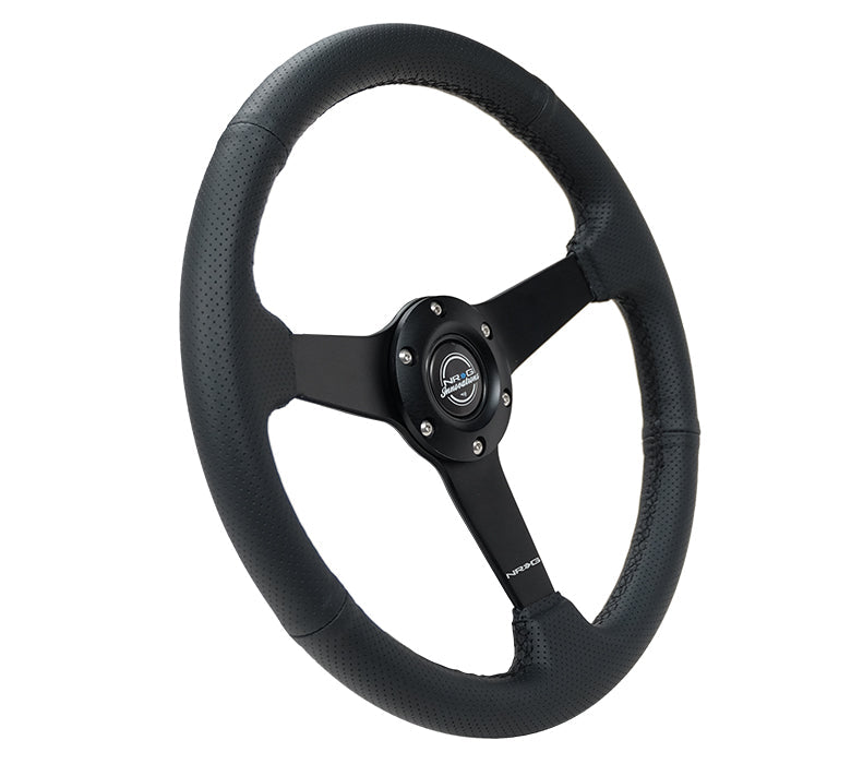 NRG 350mm sport steering wheel (1.5 in deep) black Perforated Leather with Black stitching - Matte Black Solid Spokes